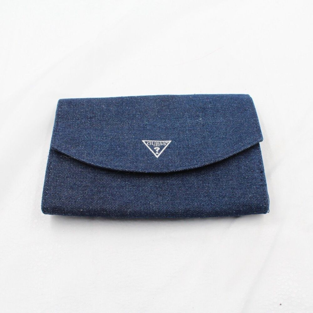 VTG Guess Denim Envelope Wallet Navy Blue Y2K Slim Clutch Triangle Logo Retro
